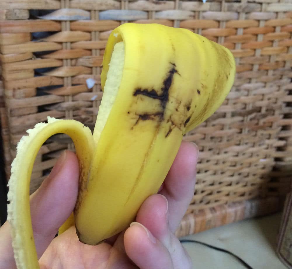 Brown area on a banana, just below a dark impact wound on its peel