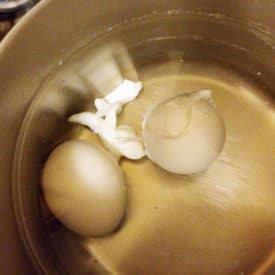 Eggs that cracked during boiling and had their whites turned into funny shapes. They are still edible.