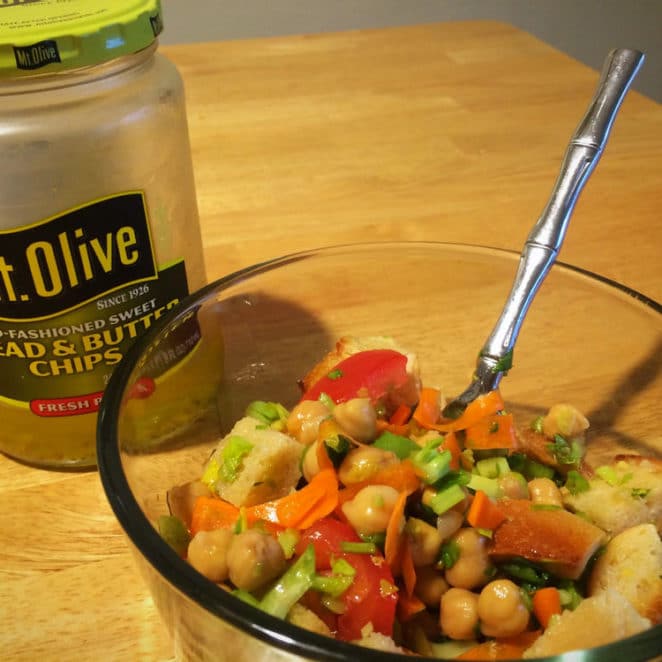 Salad made with day-old bagel and pickle juice