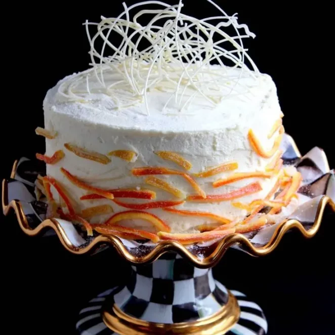 cake garnished with candied citrus peels